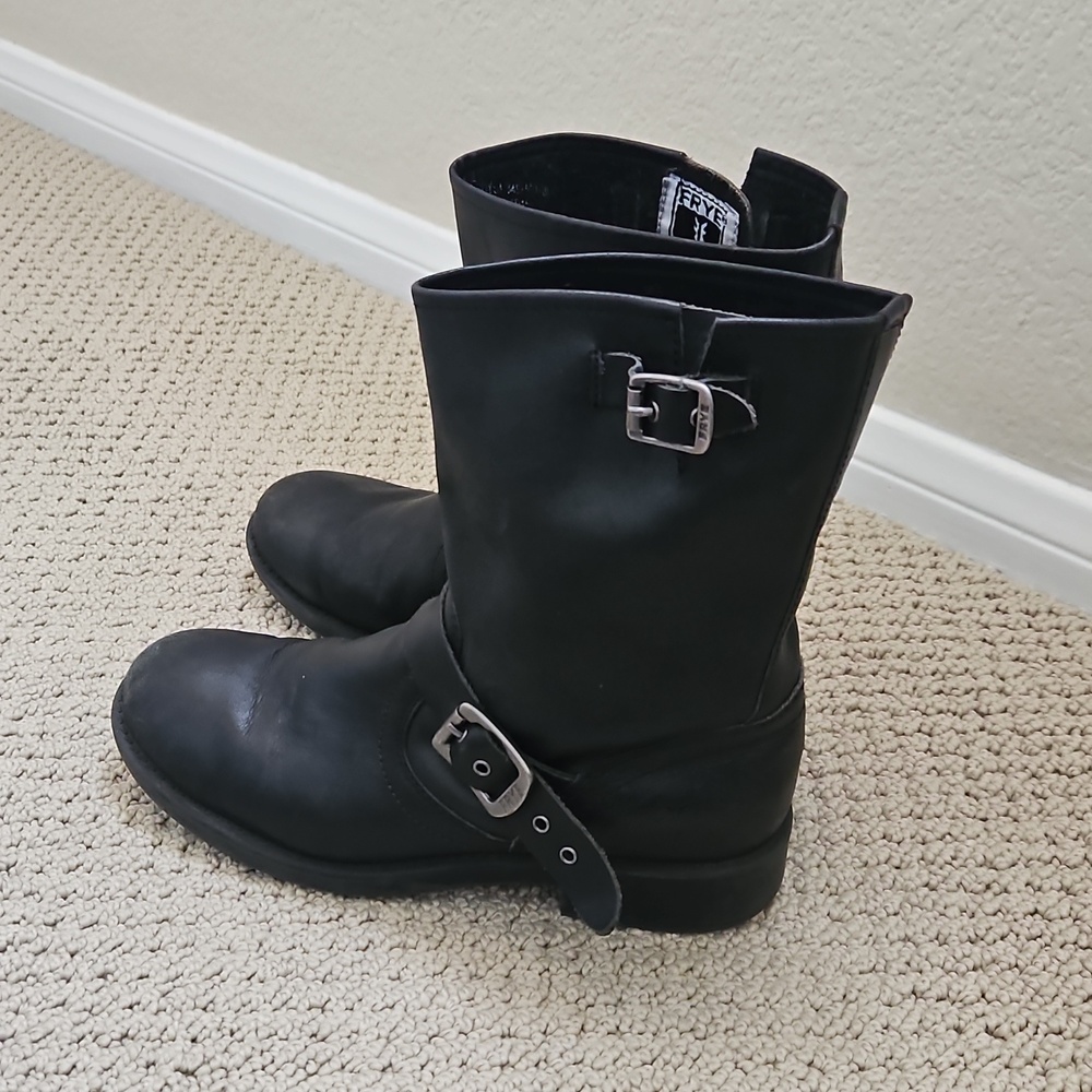 Frye Black Leather Mid-Calf Buckle Boots - Picture 3 of 7